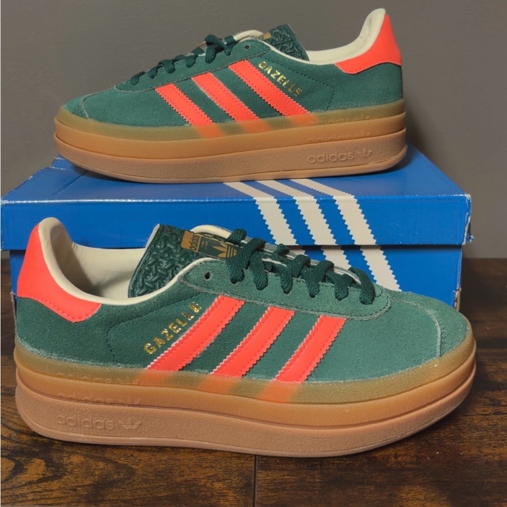 Adidas Gazelle Bold Green with Bright Orange Stripes